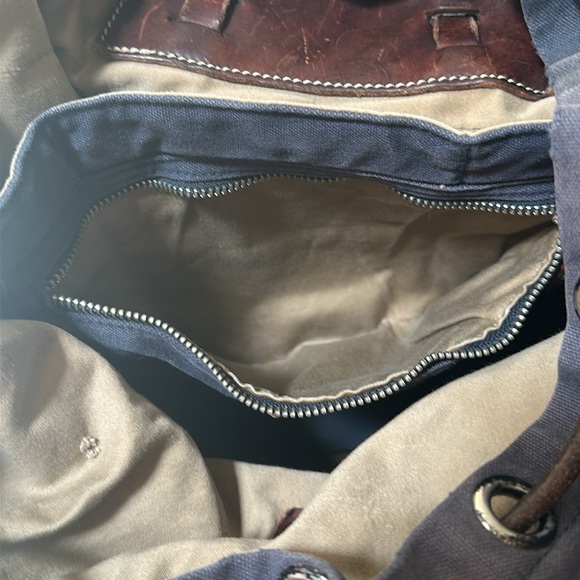 Polo Ralph Lauren RL Co Blue Canvas Brown Leather Backpack with Patches AS IS - Picture 16 of 16